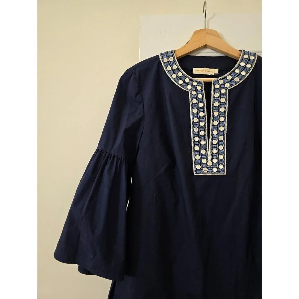 Tory Burch Ariana Crisp Poplin Mirror Applique Tunic 4 Navy